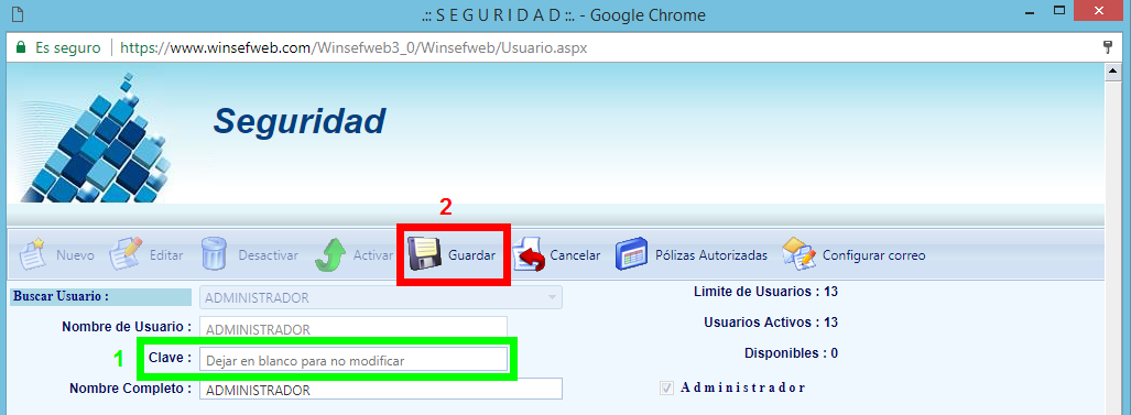 cambio de contraseña desde modulo seguridad